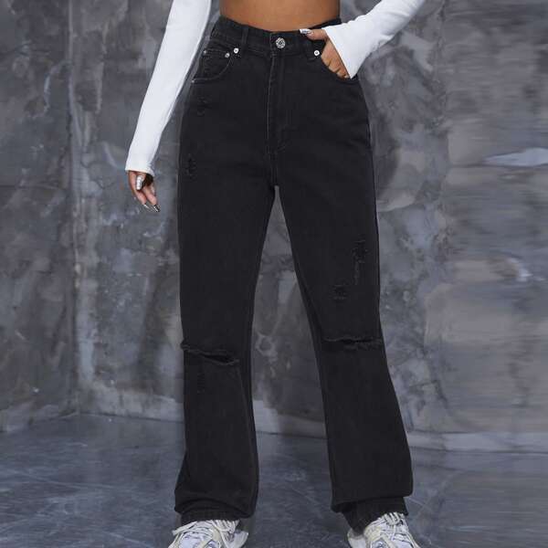 

High Waist Ripped Jeans, Black