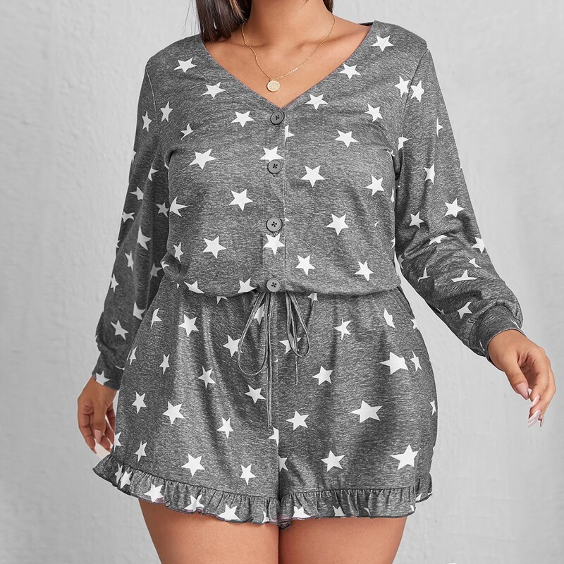 

Plus Star Print Ruffle Hem Sleep Romper, Grey