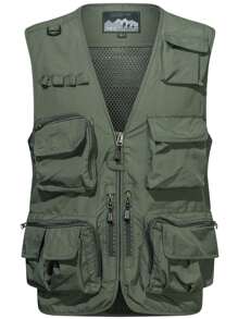 Manfinity 男士口袋前拉鍊開襟背心 - 軍綠色 - 查看 1