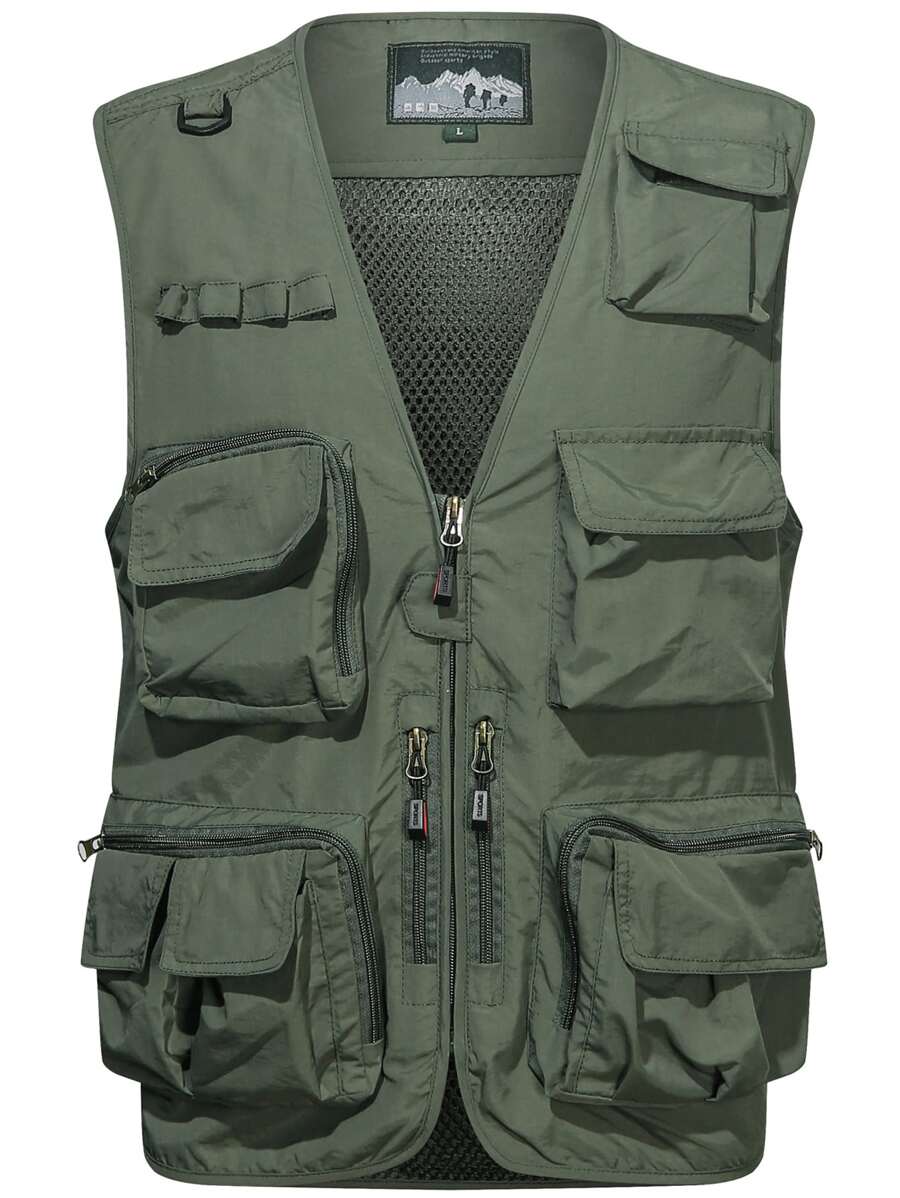 Manfinity 男士口袋前拉鍊開襟背心 - 軍綠色 - 查看 1