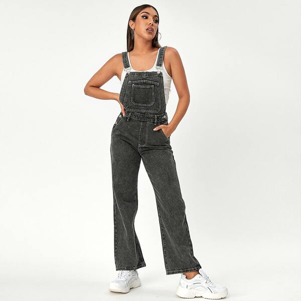 

Straight Leg Button Side Denim Overalls, Dark grey