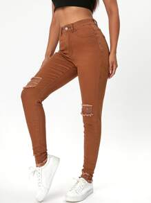 Jeans ajustados rotos bajo crudo con estiramiento alto - Marrón - Ver 1