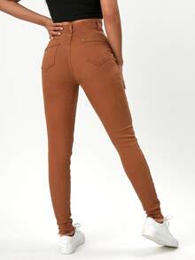 Jeans ajustados rotos bajo crudo con estiramiento alto - Marrón - Ver 2