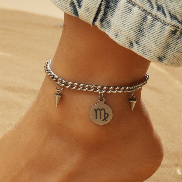 

Virgo Decor Round Charm Anklet, Silver