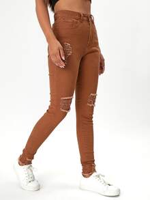 Jeans ajustados rotos bajo crudo con estiramiento alto - Marrón - Ver 3