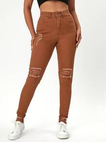 Jeans ajustados rotos bajo crudo con estiramiento alto - Marrón - Ver 5