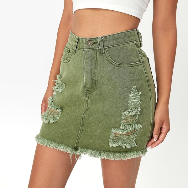 

Ripped Raw Hem Denim Skirt, Army green