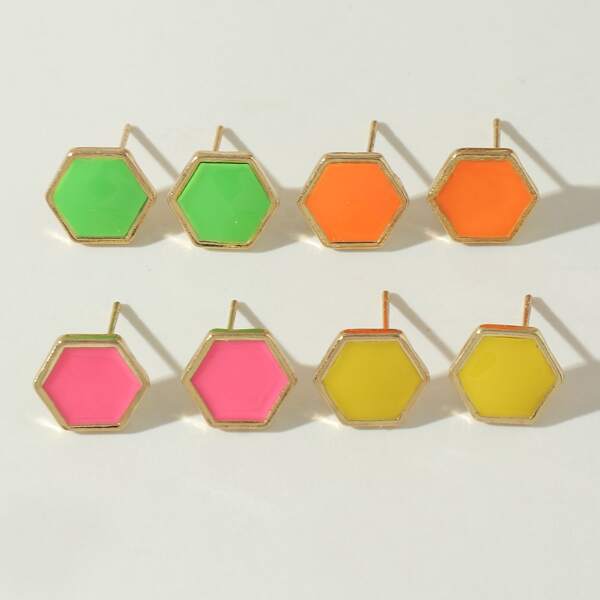 

4pairs Hexagon Stud Earrings, Multicolor