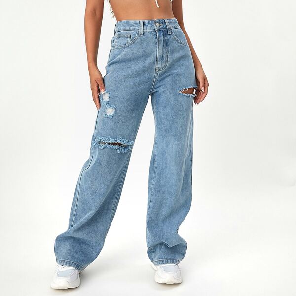 

High Waisted Ripped Straight Leg Jeans, Light wash