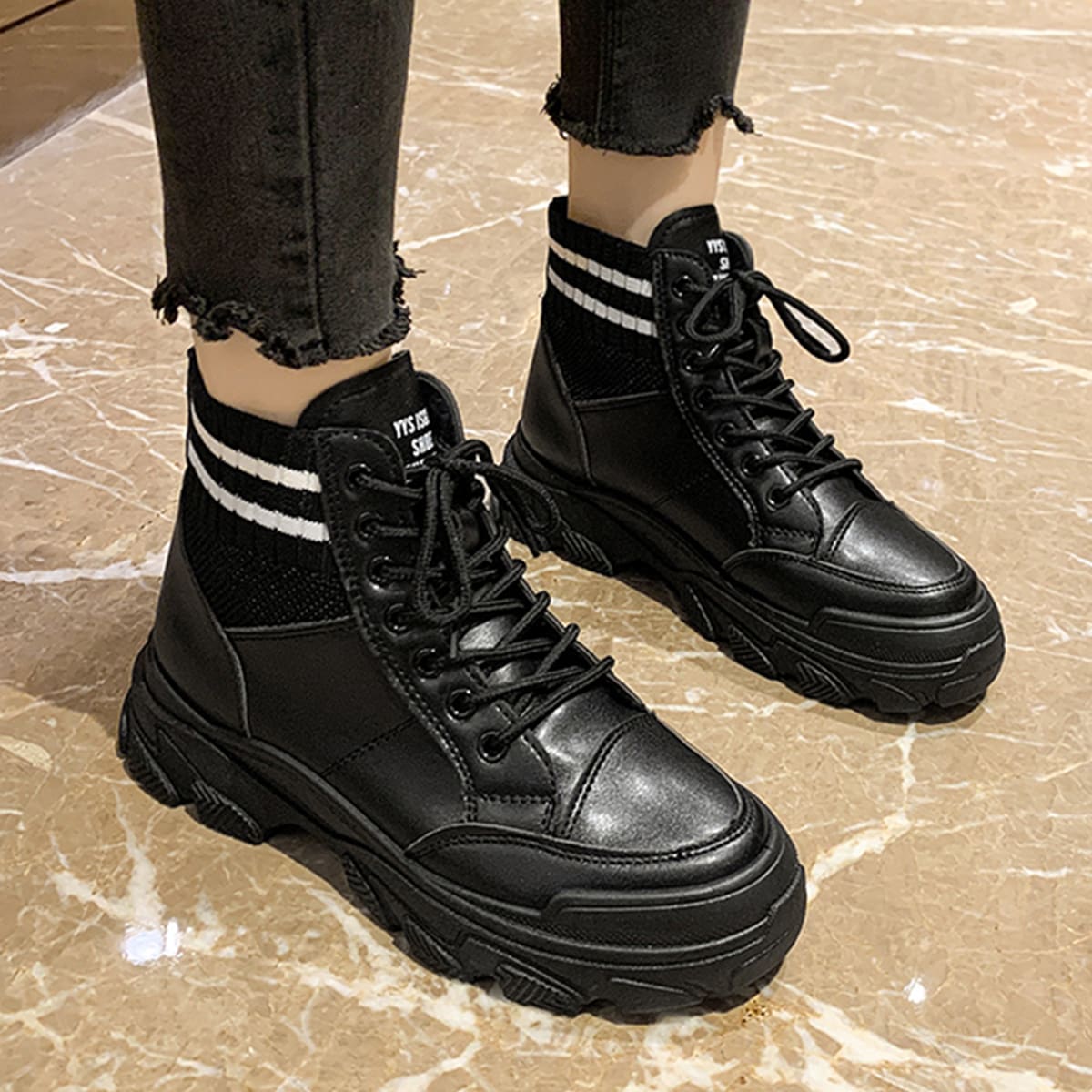 

Striped Lace-up Front Wedge Boots, Black