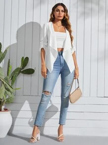 SHEIN LUNE Waterfall Collar Rolled Tab Sleeve Coat - White - View 3