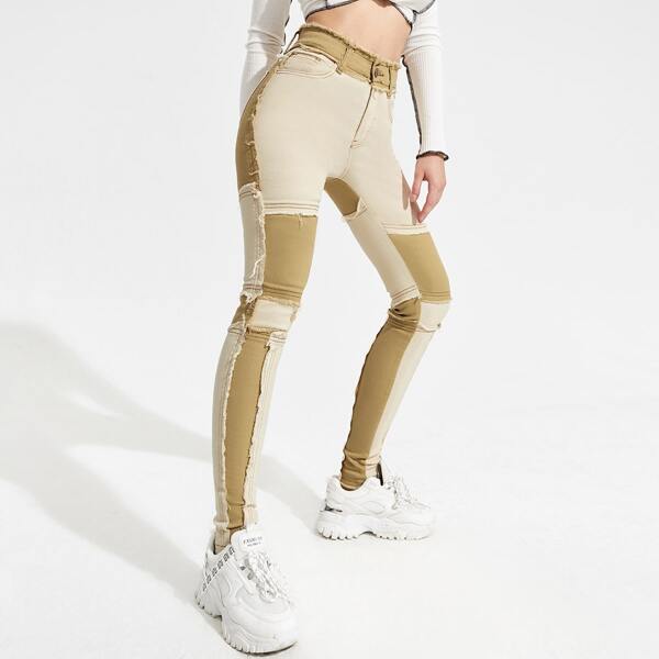

High Waist Colorblock Spliced Skinny Jeans, Multicolor