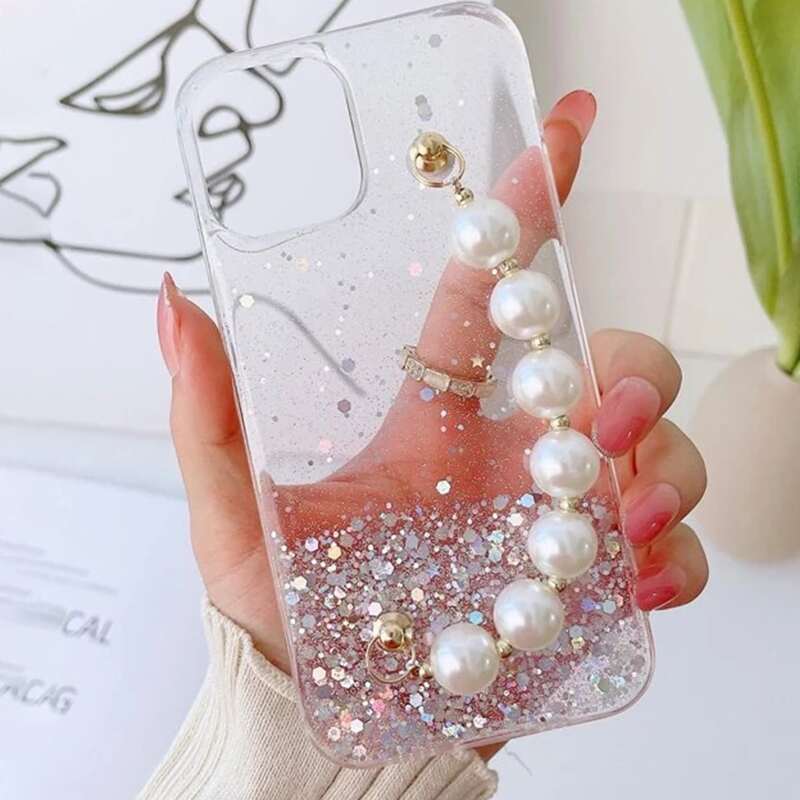 

Glitter Phone Case With Faux Pearl Beaded Hand Strap, Multicolor