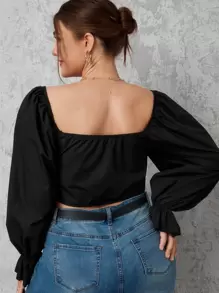 SHEIN Plus Drawstring Ruched Crop Top - Black - View 5