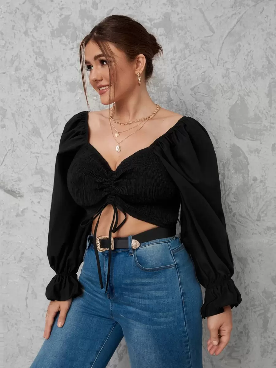 SHEIN Plus Drawstring Ruched Crop Top - Black - View 1