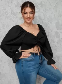 SHEIN Plus Drawstring Ruched Crop Top - Black - View 2