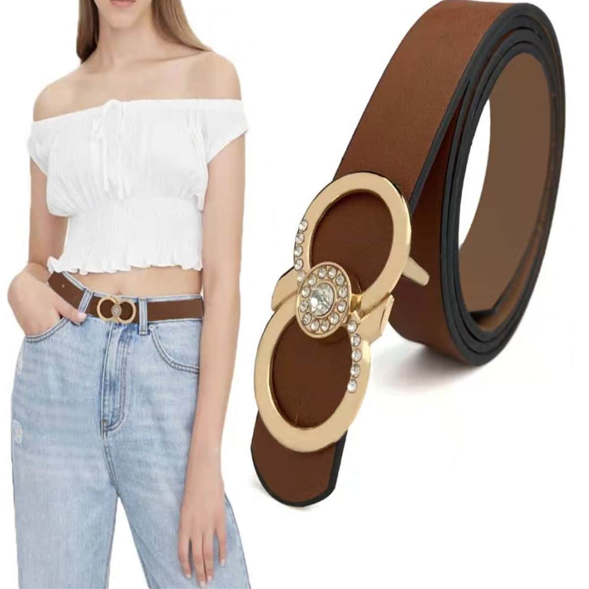 

Rhinestone Decor Buckle Belt, Coffee brown