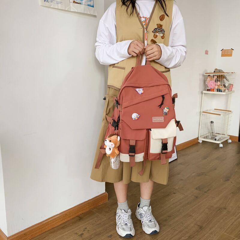 

Double Buckle Backpack With Cartoon Badge, Red