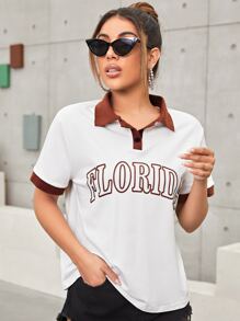 SHEIN Áo thun Tương phản ren Tương phản ràng buộc Nút phía trước Lá thư Giải trí - trắng - Xem 1