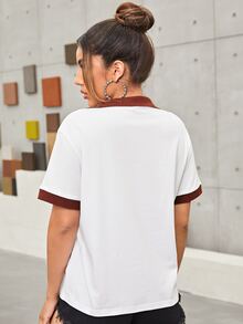 SHEIN Áo thun Tương phản ren Tương phản ràng buộc Nút phía trước Lá thư Giải trí - trắng - Xem 3