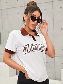 SHEIN Áo thun Tương phản ren Tương phản ràng buộc Nút phía trước Lá thư Giải trí - trắng - Xem 4