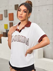 SHEIN Áo thun Tương phản ren Tương phản ràng buộc Nút phía trước Lá thư Giải trí - trắng - Xem 5