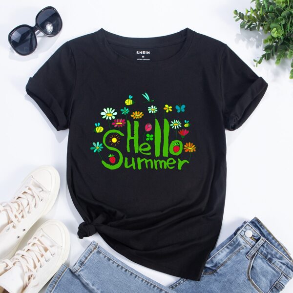 

Letter & Floral Print Tee, Black