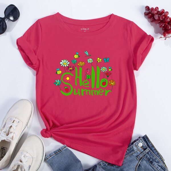 

Letter & Floral Print Tee, Hot pink