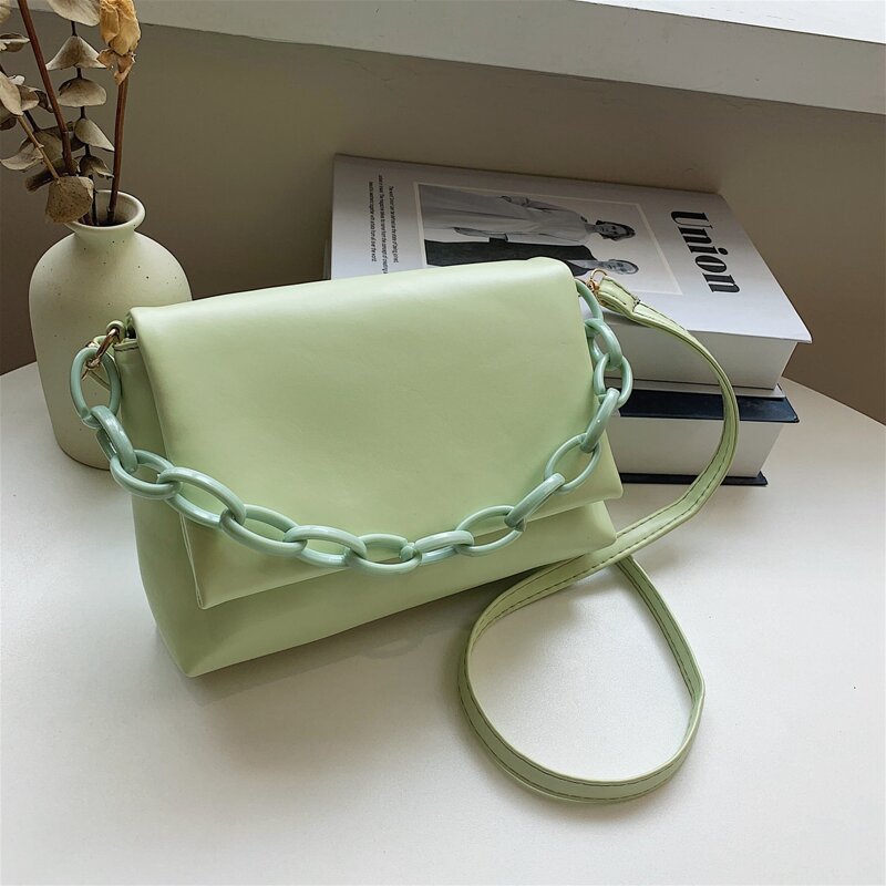 

Chain Handle Flap Satchel Bag, Green