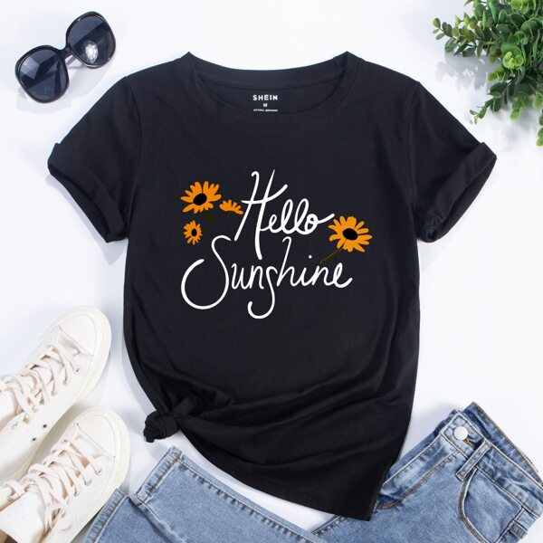 

Floral Print Short Sleeve Tee, Black