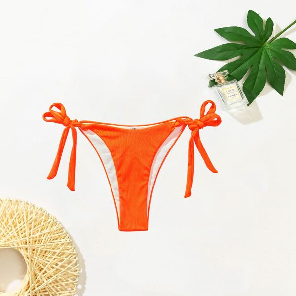 

Plain Ribbed Tie Side Bikini Bottom, Orange