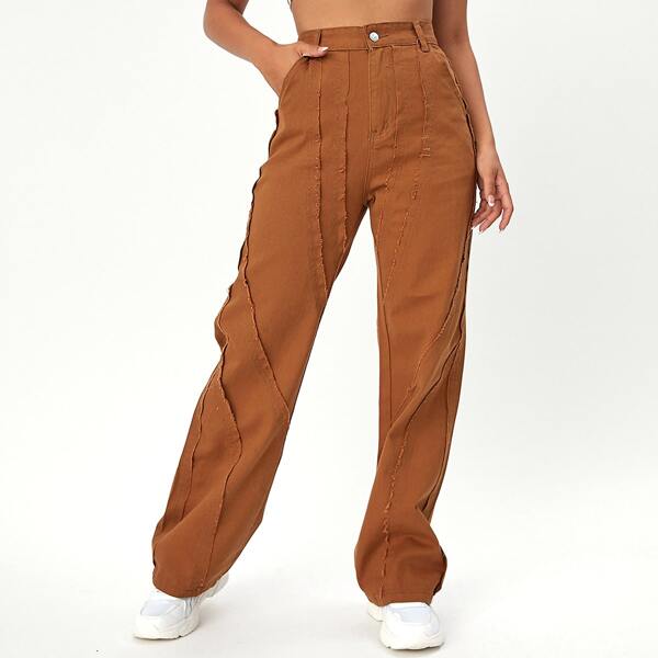 

Raw Trim High Waist Wide Leg Jeans, Brown