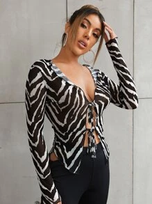 SHEIN X Georgia Toffolo Zebra Striped Tie Front Mesh Top - Black and White - View 4