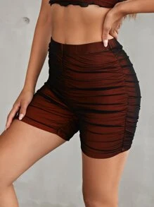 SHEIN Shorts biker de talle alto fruncido - Burdeos - Ver 1