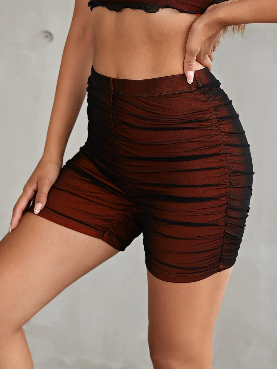 SHEIN Shorts biker de talle alto fruncido - Burdeos - Ver 1