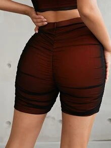 SHEIN Shorts biker de talle alto fruncido - Burdeos - Ver 3