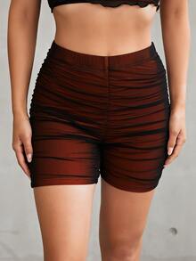 SHEIN Shorts biker de talle alto fruncido - Burdeos - Ver 4