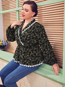SHEIN Unity Plus Ditsy Floral Lace Trim Wrap Blouse - Multicolor - View 1