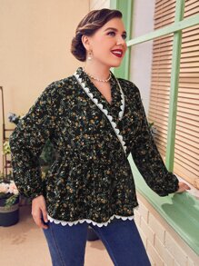 SHEIN Unity Plus Ditsy Floral Lace Trim Wrap Blouse - Multicolor - View 5