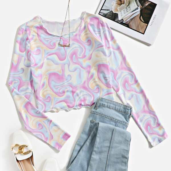 

Marble Print Frill Trim Tee, Multicolor