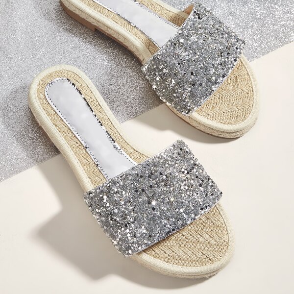 

Rhinestone Decor Straw Design Slide Sandals, Silver