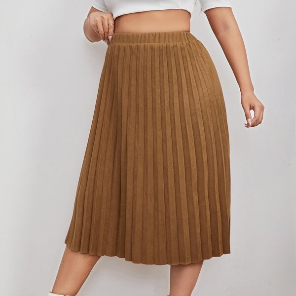 

Plus High Waist Pleated Skirt, Brown