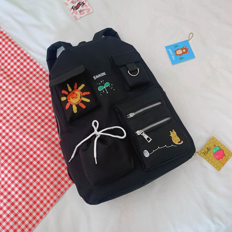 

Cartoon Graphic Pocket Front Backpack, Black