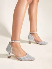 Giày cao gót Nữ long lanh màu trơn Dây đeo mắt cá chân Hấp dẫn - Bạc - Xem 3