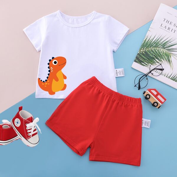 

Baby Boy Cartoon Dinosaur Graphic Crew Neck Tee & Solid Shorts Set, Multicolor