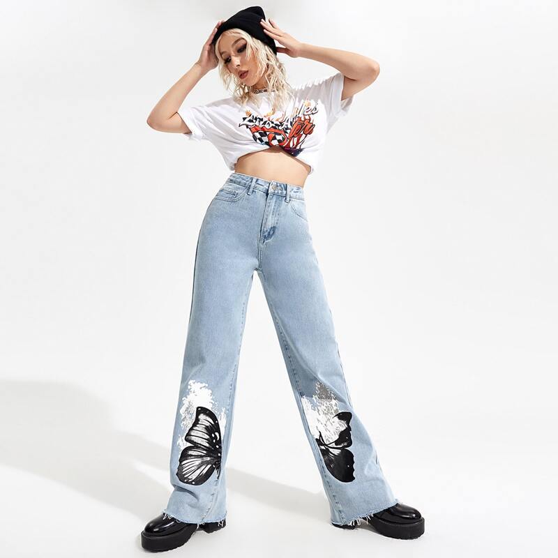 

Butterfly Print High Waist Wide Leg Jeans, Light wash