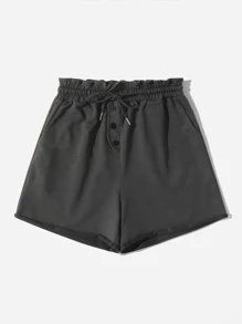 素色假鈕扣腰部抽繩短褲 - 深灰色 - 查看 3