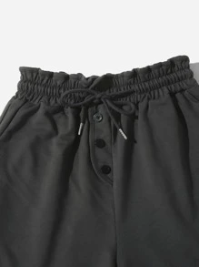 素色假鈕扣腰部抽繩短褲 - 深灰色 - 查看 4