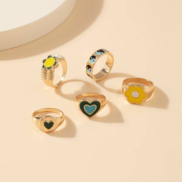 

5pcs Heart Decor Ring, Multicolor