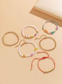 6pcs Flower Decor Beaded Bracelet - Multicolor - View 5